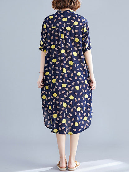 Artistic Retro Loose Contrast Color Printed Midi Shirt Dress