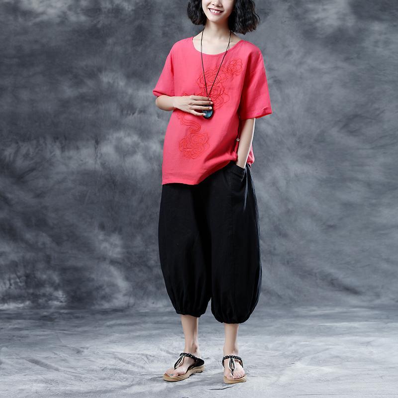 Casual Summer Short Sleeve Embroidery Red Blouse