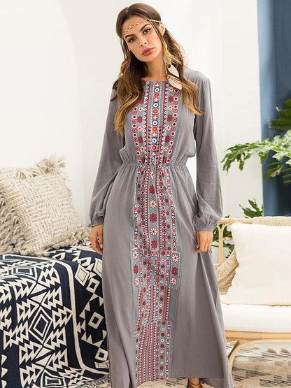 Round-neck Long Sleeves Printed Maxi Dress