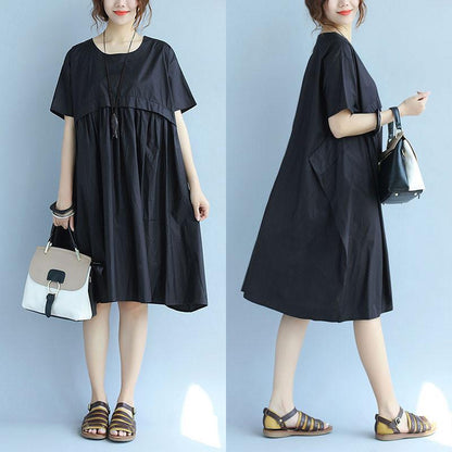 Splicing Loose Casual Ice Cotton Women Summer Irregular Black Dress