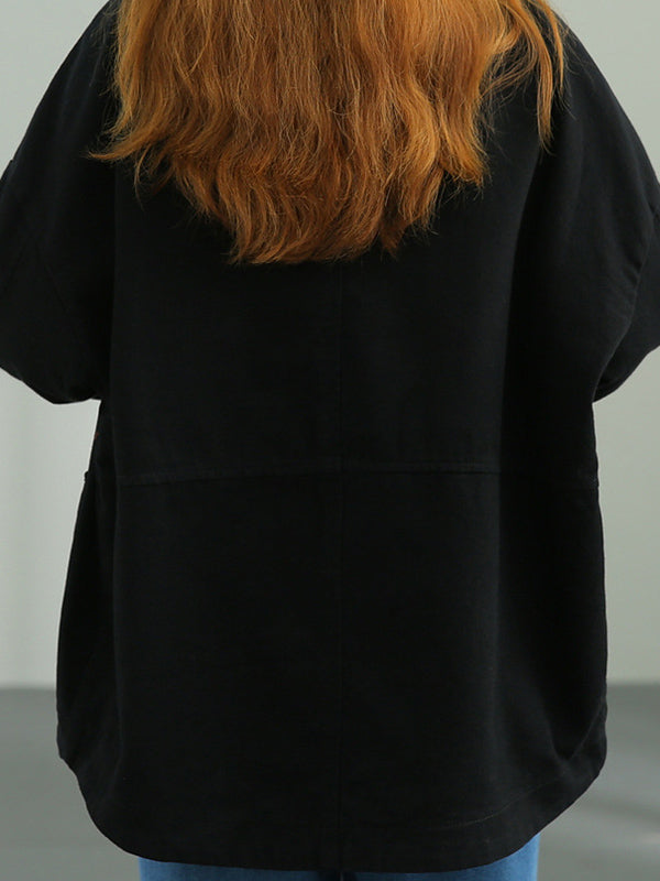 Simple Solid Color Buttoned Notched Collar Batwing Sleeve Outerwear