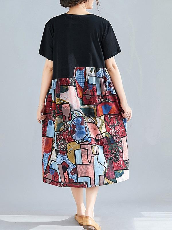 Loose Ramie Cotton Split-joint Floral Printed Midi Dress