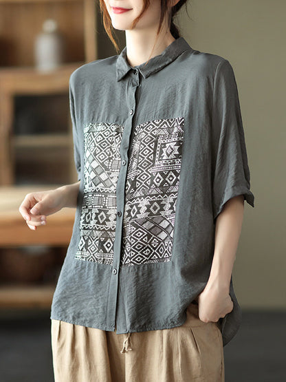 Original Ethnic Printed Lapel Shirt Blouse Tops