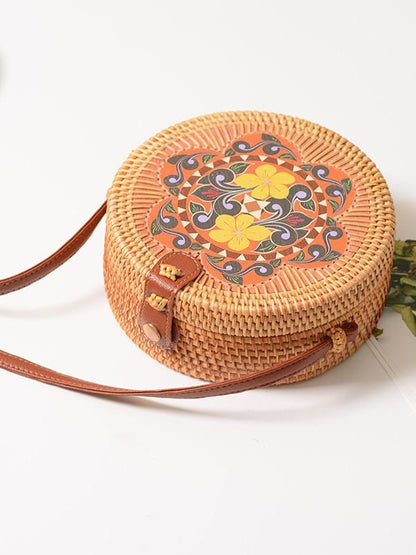 Forest Style Rattan Flower Pattern Round Bag