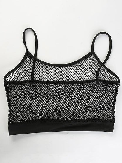 Spaghetti-neck Mesh Crop Hollow Tanks