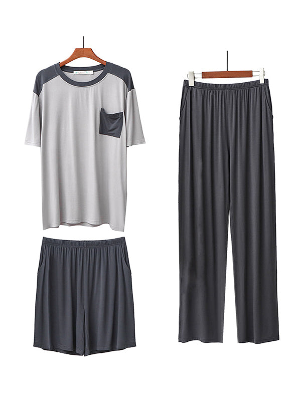 Casual Loose Contrast Color Split-Joint With Pocket Round Neck Short Sleeves T-Shirt&Solid Color Elasticity Shorts&Wide Legs Pants 3 Pieces Pajama Set