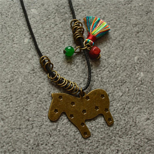 Buykud Casual Tassel Pony Pendant Long Necklace