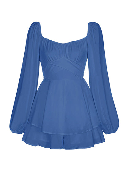 Fashion Solid Color Puff Sleeves Falbala Culotte Rompers