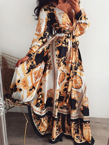 Long Sleeves V Neck Printed Maxi Dress