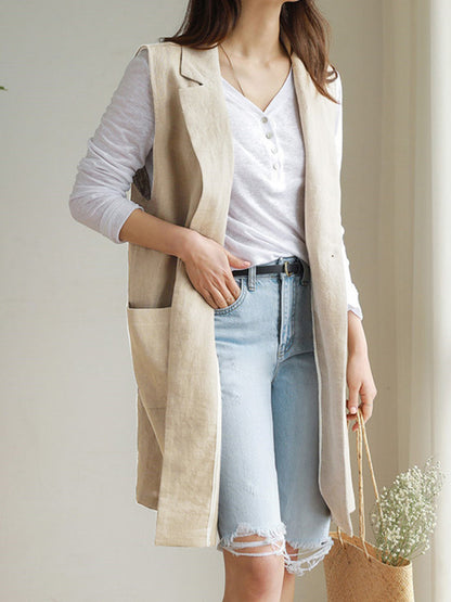 Simple Solid Color Split-Joint With Pocket Linen Notched Collar Vest Outwear