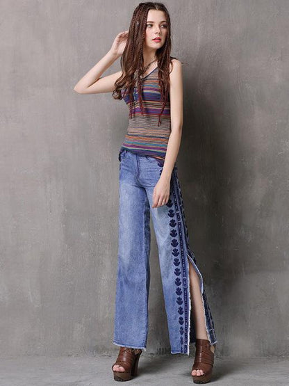 Vintage Embroidery Split Wide Leg