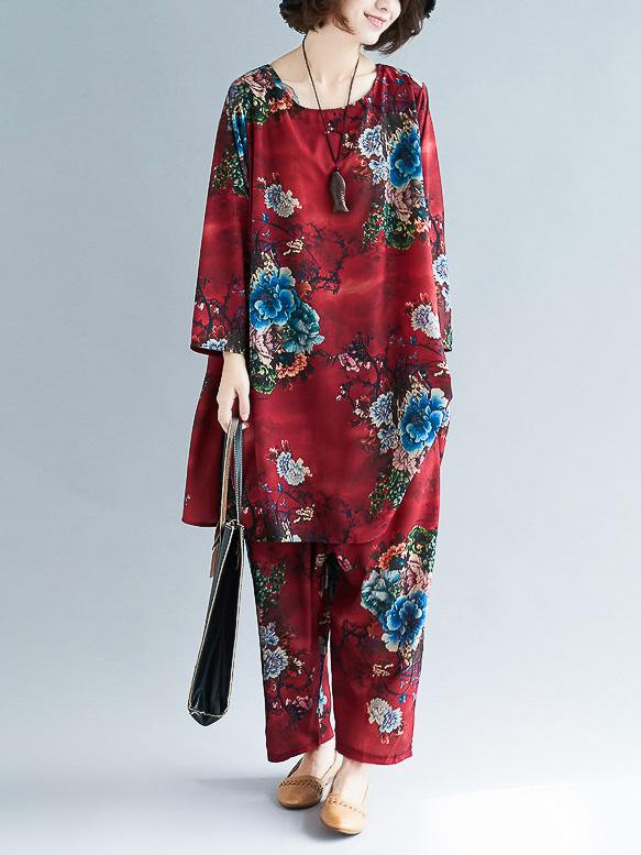 Loose Flower Print Round-neck T-shirt+Pants Suits