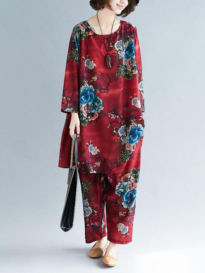 Loose Flower Print Round-neck T-shirt+Pants Suits