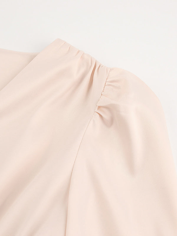 Urban Buttoned Split-Front High Waisted Puff Sleeve A-Line Midi Dress