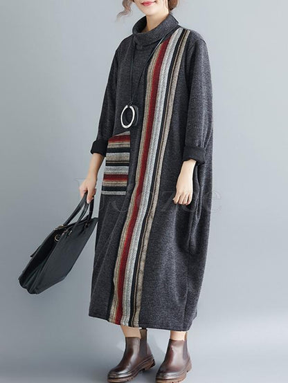 Casual Striped High-neck Midi Dress