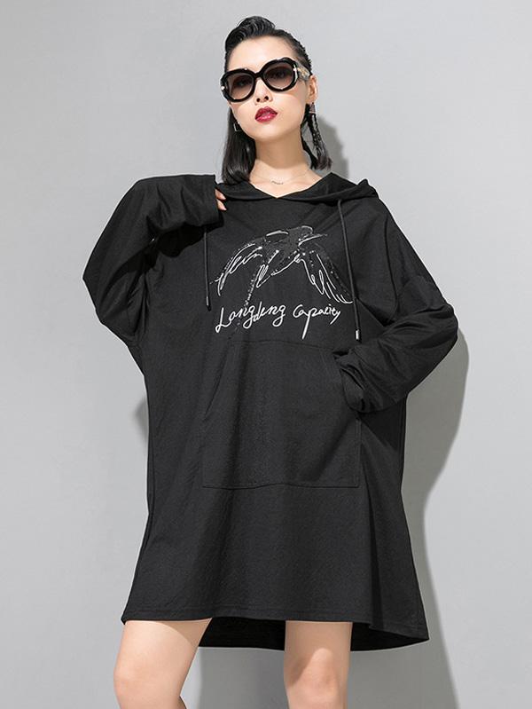 Loose Printed Black Hoodie