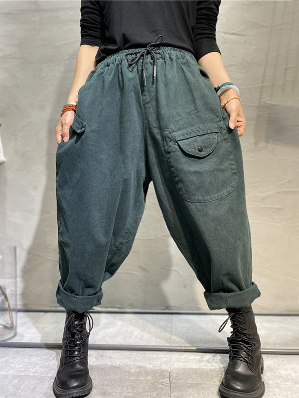 Casual Solid Color With Pockets Drawstring Harem Pants