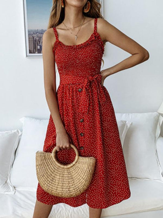Simple 3 Colors Polka-dot V-neck Midi Dress