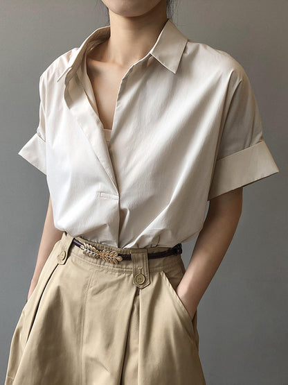 Simple Urban Solid Color Pleated Lapel Collar Short Sleeves Blouse