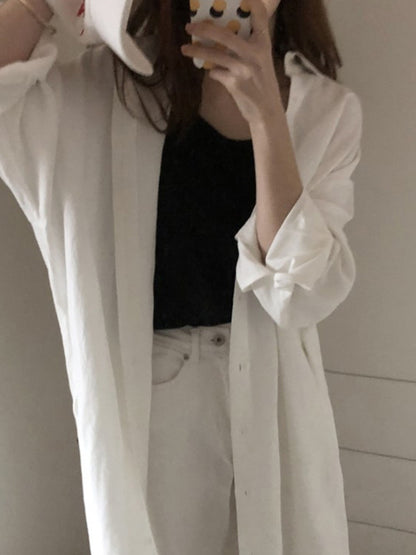 Simple Loose Casual Solid Color Buttoned Split-Side Lapel Collar Long Sleeves Midi Shirt Dress