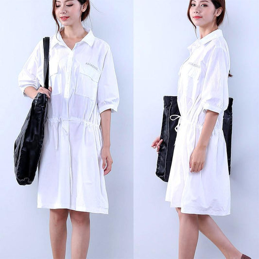 Cotton Loose Pocket Women Lacing White Dress