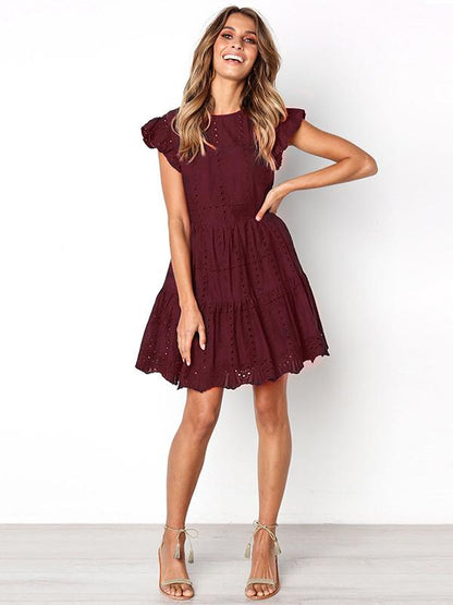 Solid Color Round Neck Hollow Mini Dress