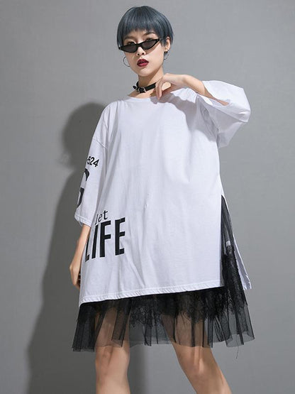 Mesh Asymmetric Printed Split-joint T-Shirt Dress