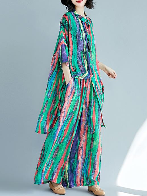 Chiffon Colorful Striped Print Stand Collar Long Blouse+Pants Suits