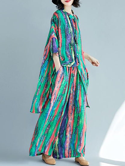 Chiffon Colorful Striped Print Stand Collar Long Blouse+Pants Suits
