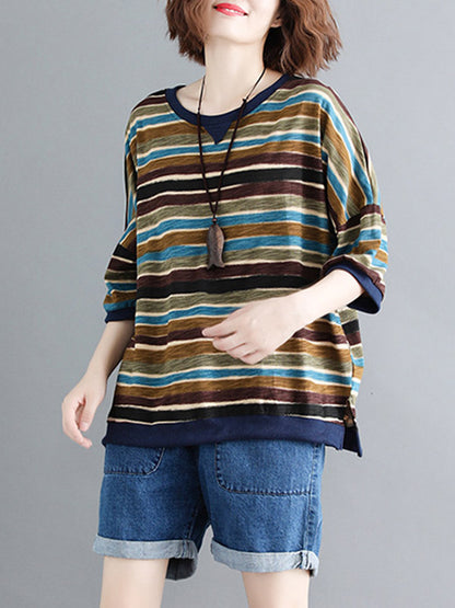 Casual Contrast Color Striped Short Sleeves T-Shirt Top