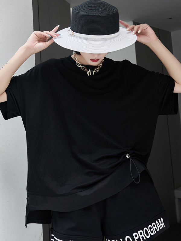 Stylish Black Asymmetric Drawstring Pleated Round-Neck Short Sleeves T-Shirts