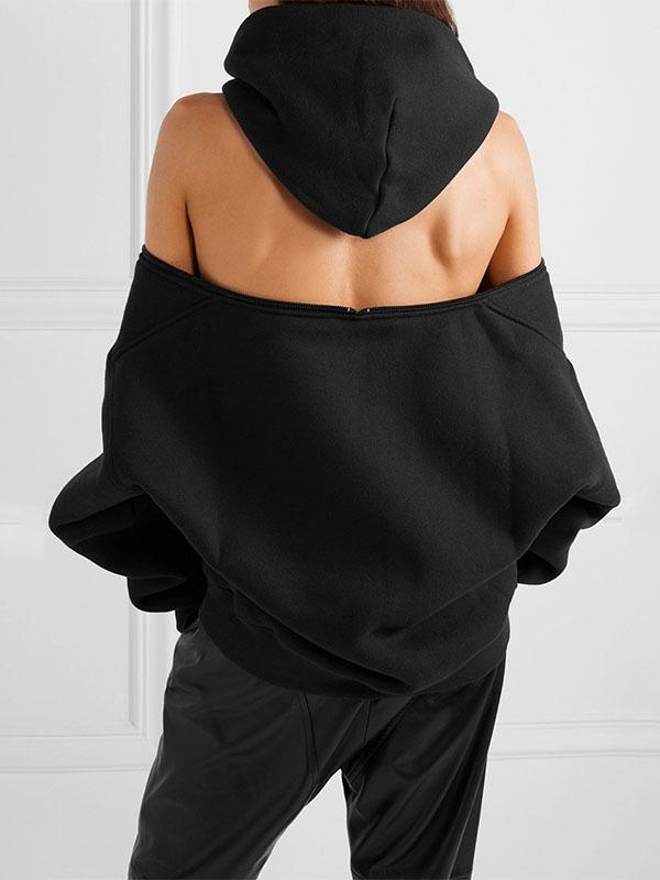Zipper Off-The-Shoulder Two Ways To Wear Plus Velvet Hoodies&Sweatshirt