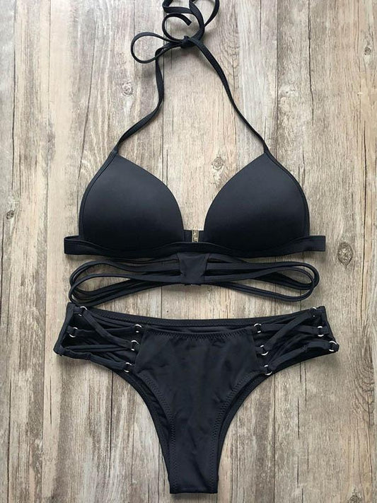 Solid Color Bandage Bikini Swimsuit