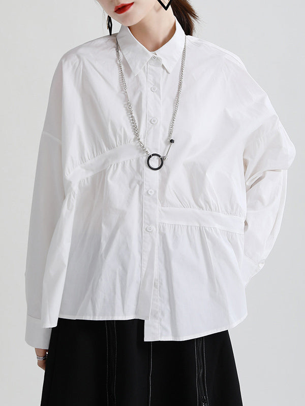 Original Irregular Solid Color Split-Joint Pleated Buttoned Lapel Collar Long Sleeves Blouse