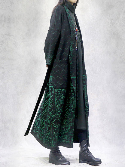 Artistic Retro Loose National Printed Tied Lapel Collar Raglan Sleeves Outwear