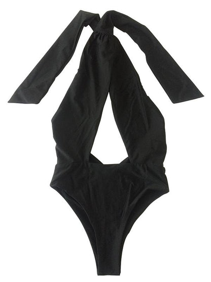 Solid Bandage Halter-neck One-piece Swimwear