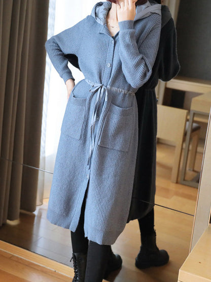 Casual Loose Solid Color Split-Joint With Pocket Buttoned Drawstring Hooded Long Sleeves Knitted Cardigan Outwear