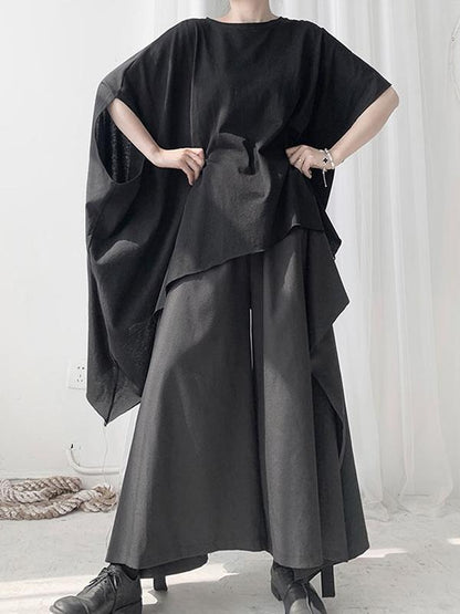 Black Loose Cropped Asymmetric T-shirt Tops