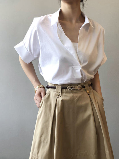 Simple Urban Solid Color Pleated Lapel Collar Short Sleeves Blouse