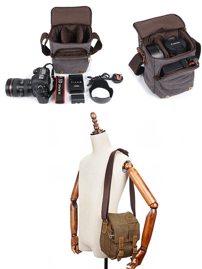 Crossbody waterproof canvas top layer cowhide retro canvas SLR camera bag