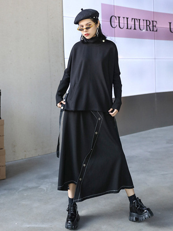 Stylish Selection Long Sleeves Buttoned Split-Side High-Neck Sweatshirt Tops