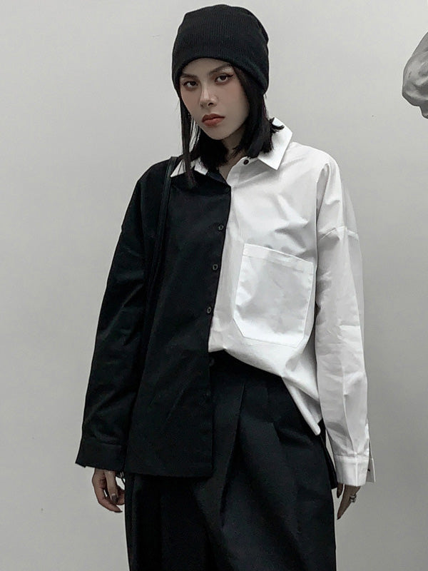 Stylish Contrast Color Split-Joint With Pocket Buttoned Lapel Color Long Sleeves Blouse