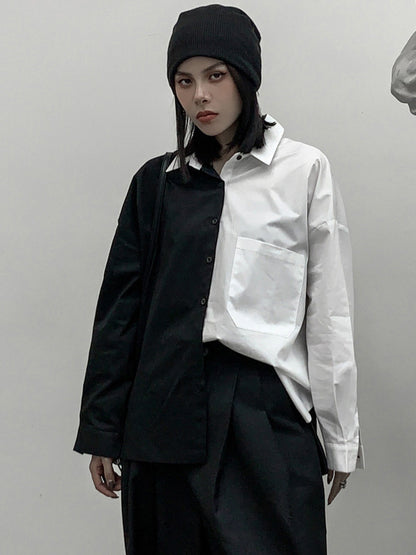 Stylish Contrast Color Split-Joint With Pocket Buttoned Lapel Color Long Sleeves Blouse