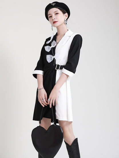 Original Stylish Split-Joint Contrast Color Bow-Embellished Tied A-Line Notched Collar Blazer Dress
