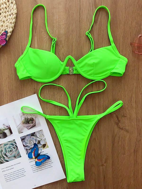 Solid Color Underwired Split Bikini Swimsuit