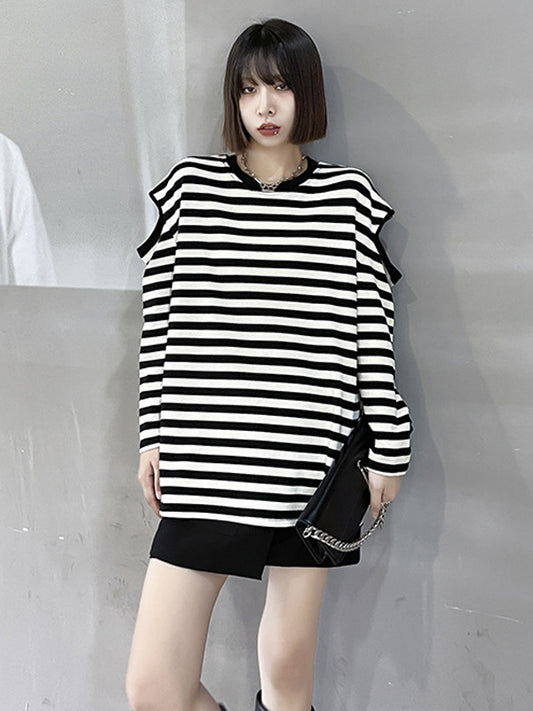 Original Stylish Striped Hollow Cold Shoulder Long Sleeves T-Shirt Tops