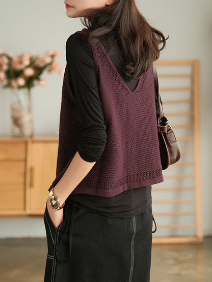 Simple Solid Color Buttoned V-Neck Hollow Vest Tops