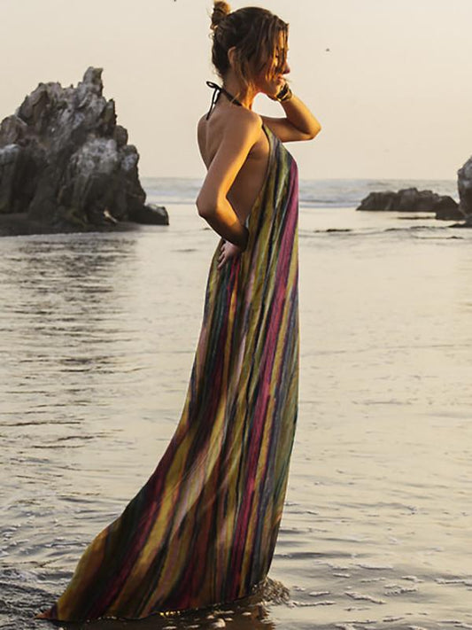 Colorful Striped Backless Halter-neck Maxi Dress