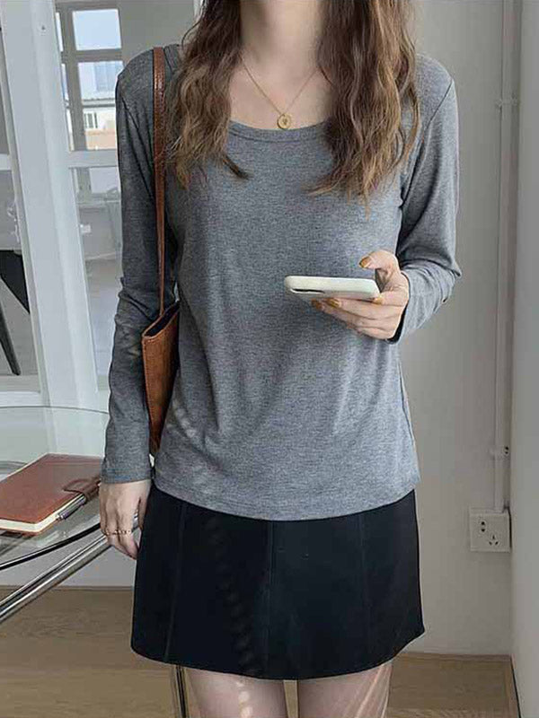 Casual Solid Color Long Sleeves Round-Neck T-Shirt Tops