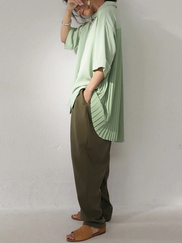 Stylish Solid Color High-Low Pleated Split-Joint Half Sleeves Blouse